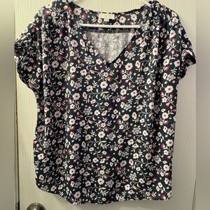 LOFT Outlet Navy Floral V-Neck Blouse with Pink & Cream Accents